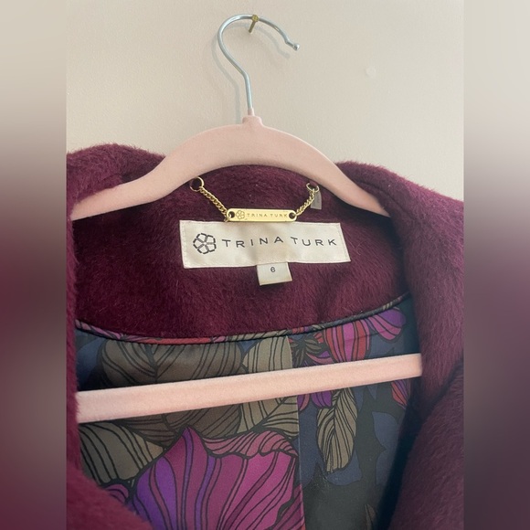 Trina Turk Maroon Wool and Alpaca Coat with Cinched Waist and Collar - Picture 3 of 10